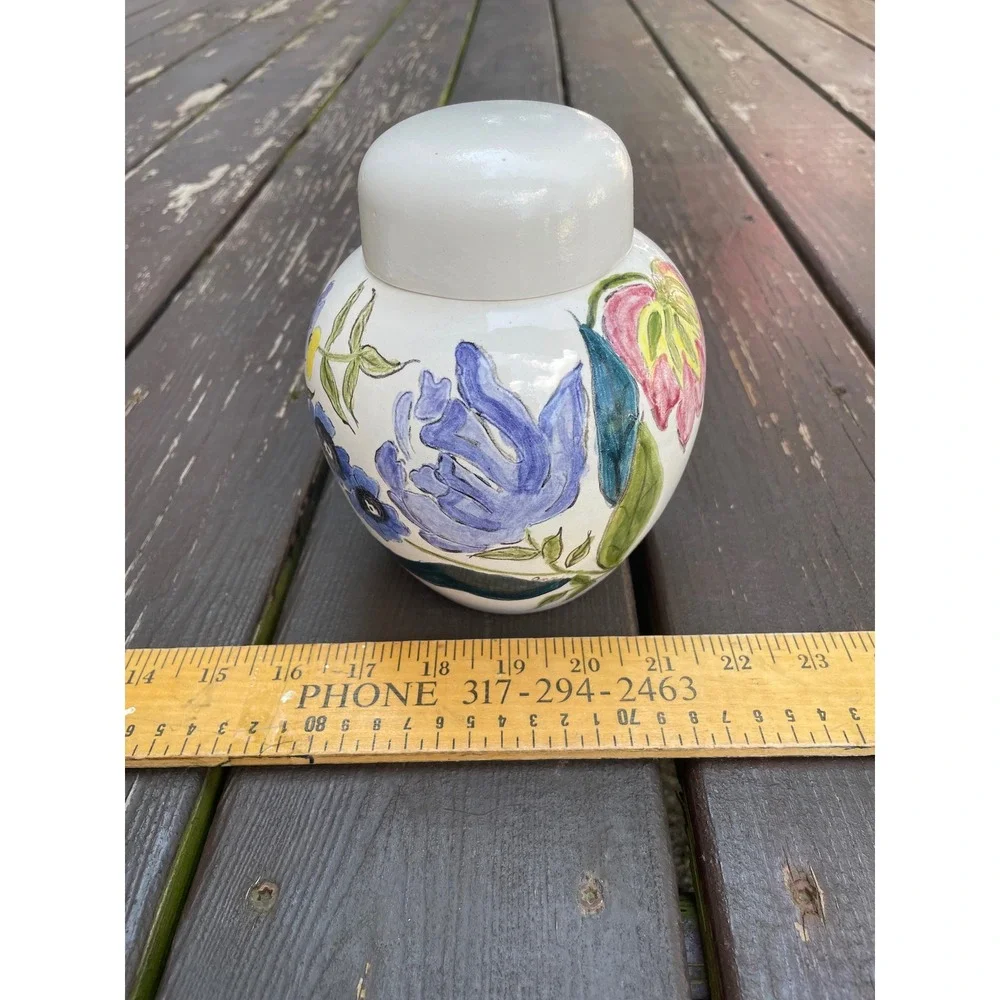 Vintage Signed Ann Hand Painted Floral Ceramic Ginger Jar with Lid White 7 Inch